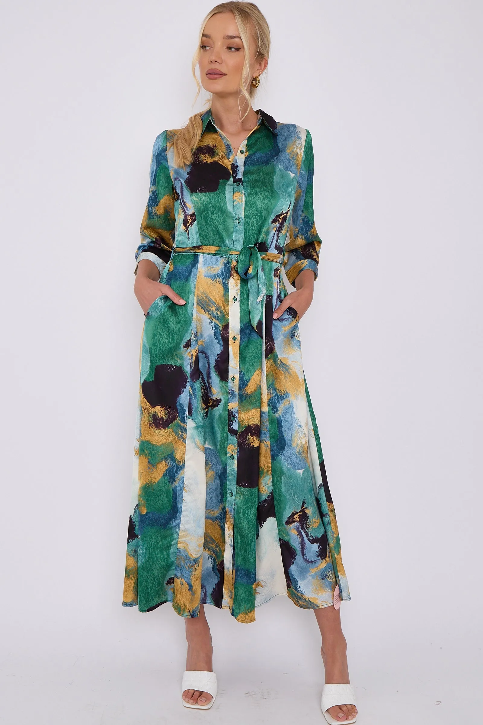 Green Abstract Print Satin Maxi Shirt Dress by LOVE SUNSHINE sold by Goddiva product image thumbnail 2