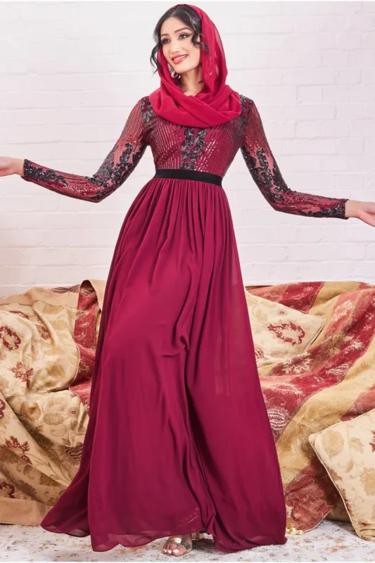 Goddiva Modesty Sequin Mesh Bodice Maxi Dress - Wine sold by Goddiva