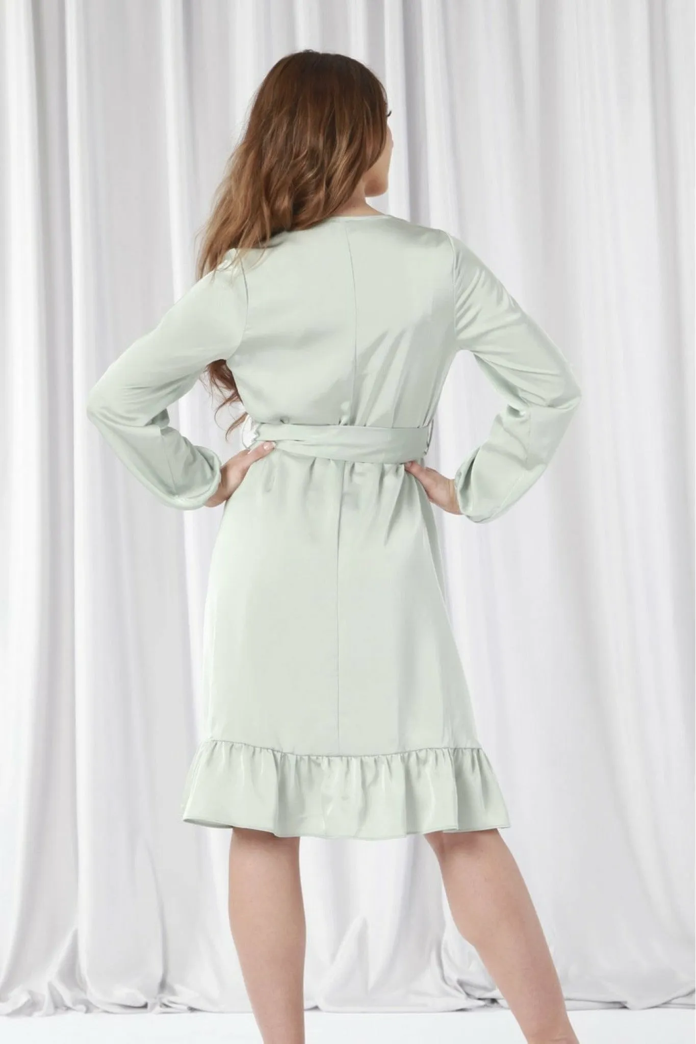 Sage Frill Satin Wrap Dress by Double Second sold by Goddiva product image thumbnail 4