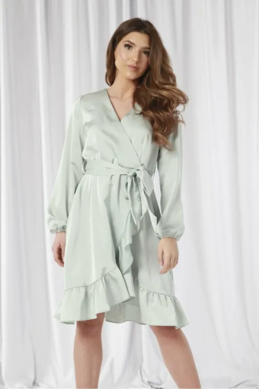 Double Second Sage Frill Satin Wrap Dress sold by Goddiva