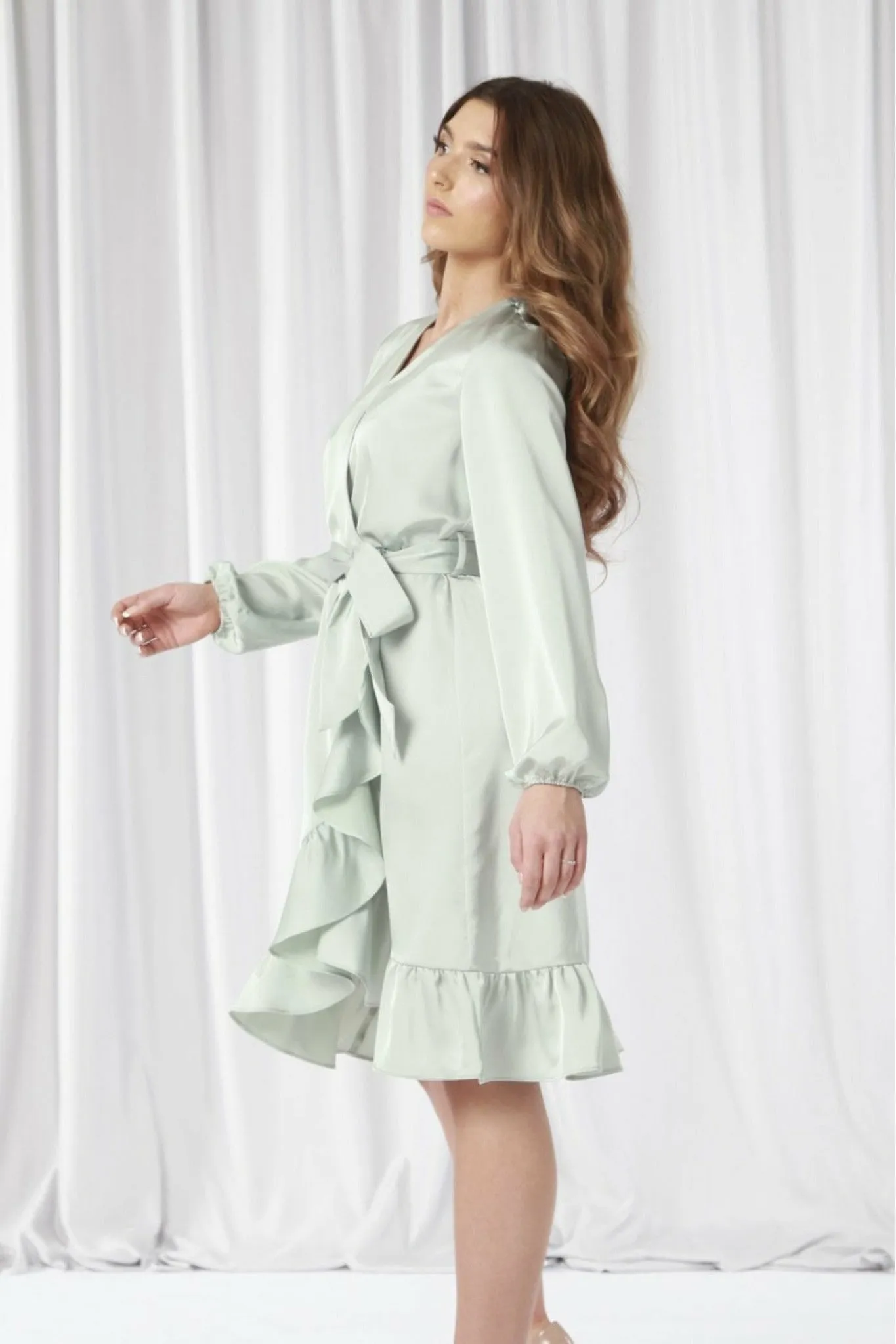 Sage Frill Satin Wrap Dress by Double Second sold by Goddiva product image thumbnail 3
