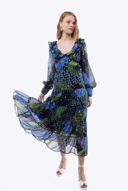 Silkroad Daughters Balloon Sleeve Tiered Midi Dress sold by Goddiva