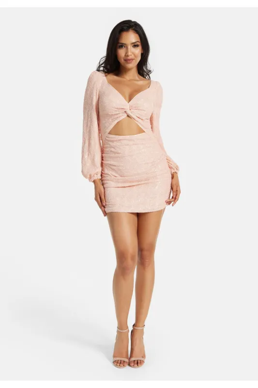 Liquorish Pink Sequin Long Sleeve Cut Out Mini Dress sold by Goddiva