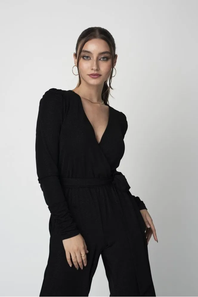 Black Metallic Stretch Jumpsuit by Double Second sold by Goddiva product image thumbnail 2