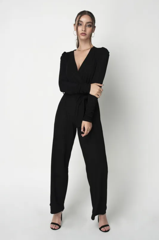 Black Metallic Stretch Jumpsuit by Double Second sold by Goddiva