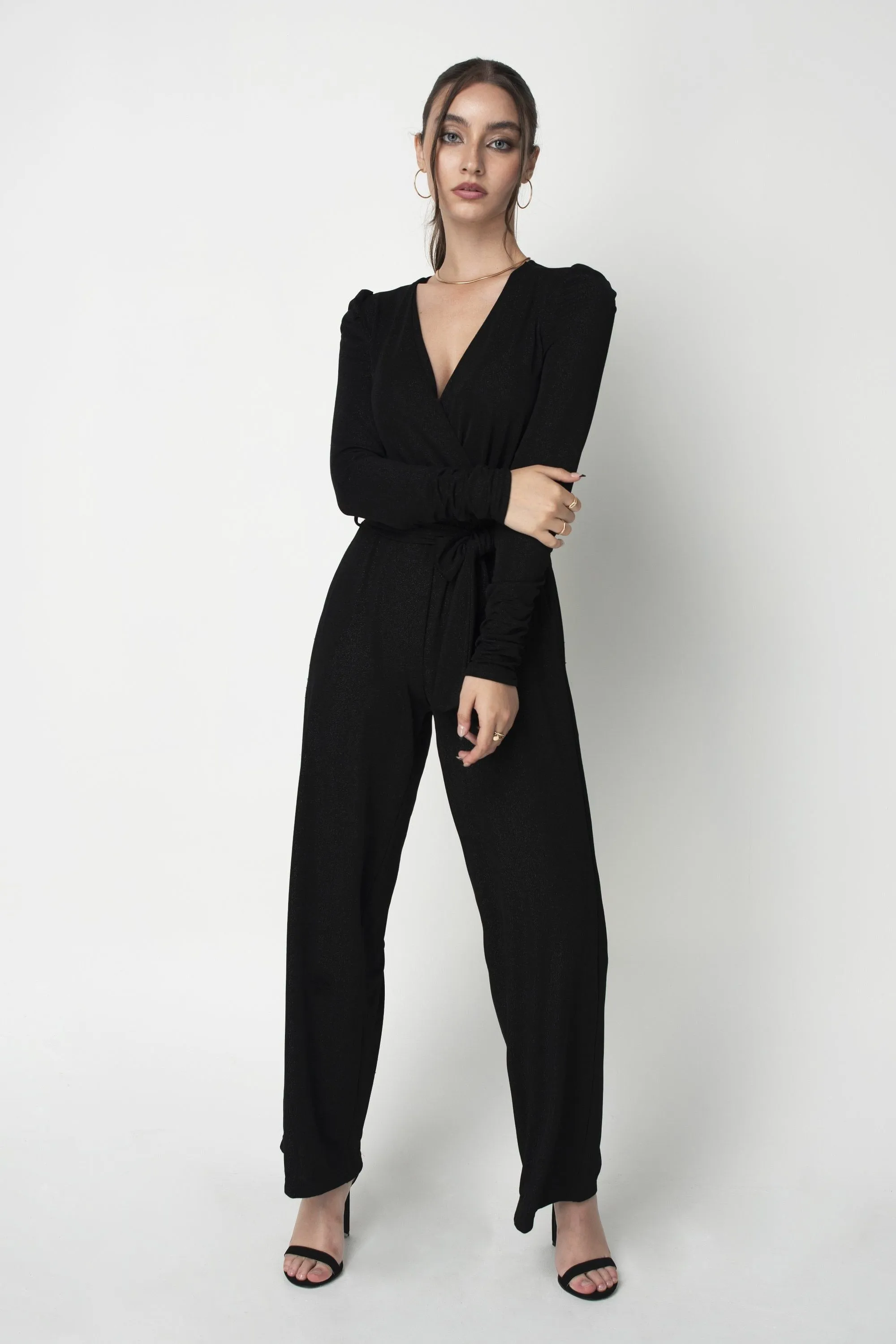 Black Metallic Stretch Jumpsuit by Double Second sold by Goddiva