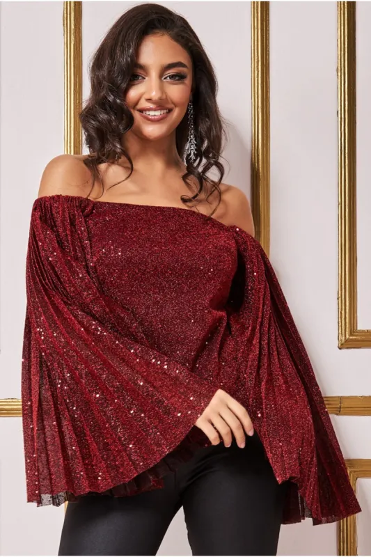 Sequin Lurex Bardot Pleated Sleeve Top - Wine by Goddiva sold by Goddiva