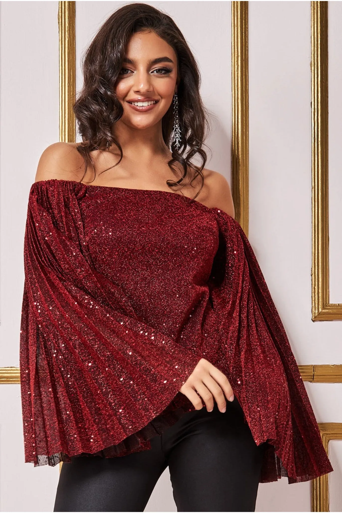 Sequin Lurex Bardot Pleated Sleeve Top - Wine by Goddiva sold by Goddiva