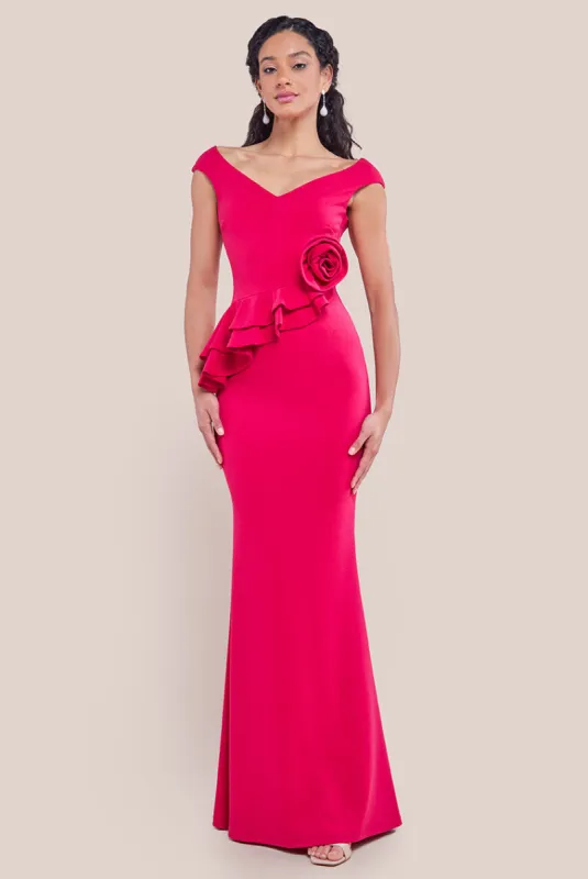 Scuba Crepe Rose Frill Maxi Dress - Magenta by Goddiva sold by Goddiva