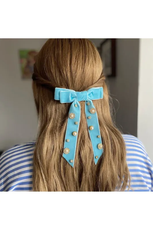 Velvet Bow Hair Clip In Light Blue With Jewels by QueenMee Accessories sold by Goddiva