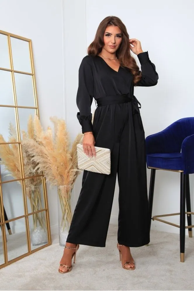 Black Lux Satin Wrap Jumpsuit by Double Second sold by Goddiva product image thumbnail 4