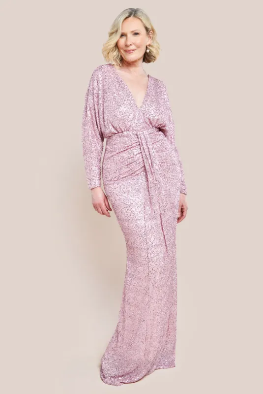 Plunge V-Neck Sequin Maxi Dress - Blush by Goddiva sold by Goddiva