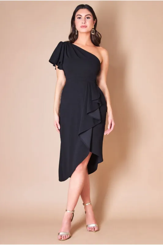 Waterfall Sleeve Wrap Midi Dress - Black by Goddiva sold by Goddiva