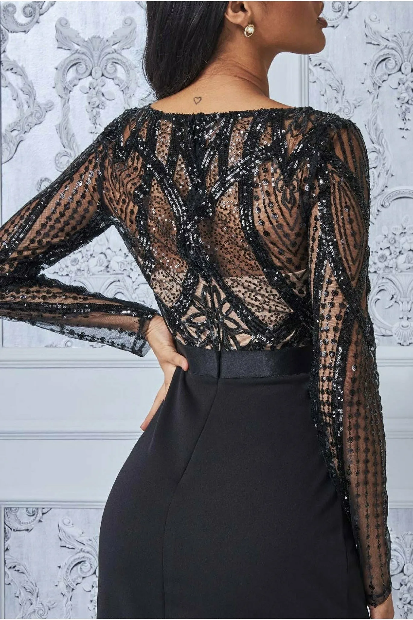 Sequin Bodice With Front Frill Maxi - Black by Goddiva sold by Goddiva product image thumbnail 4