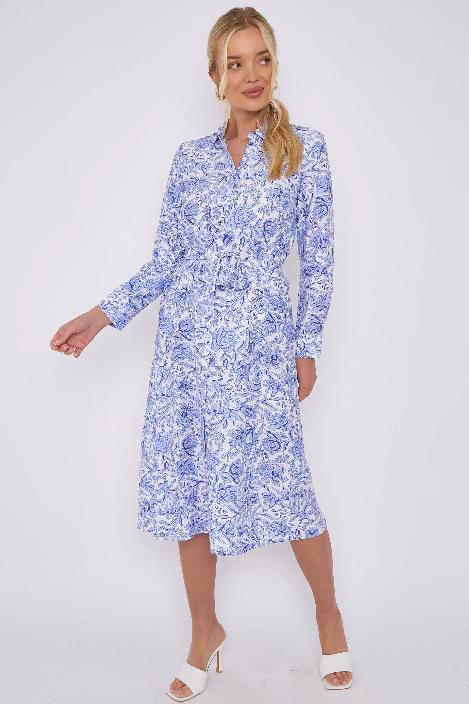 LOVE SUNSHINE Blue Rose Floral Print Long Sleeve Midi Shirt Dress sold by Goddiva product image thumbnail 5