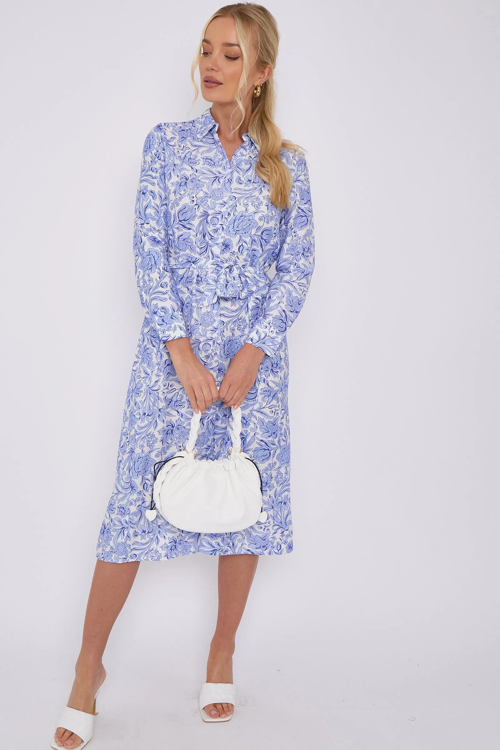 LOVE SUNSHINE Blue Rose Floral Print Long Sleeve Midi Shirt Dress sold by Goddiva product image thumbnail 2