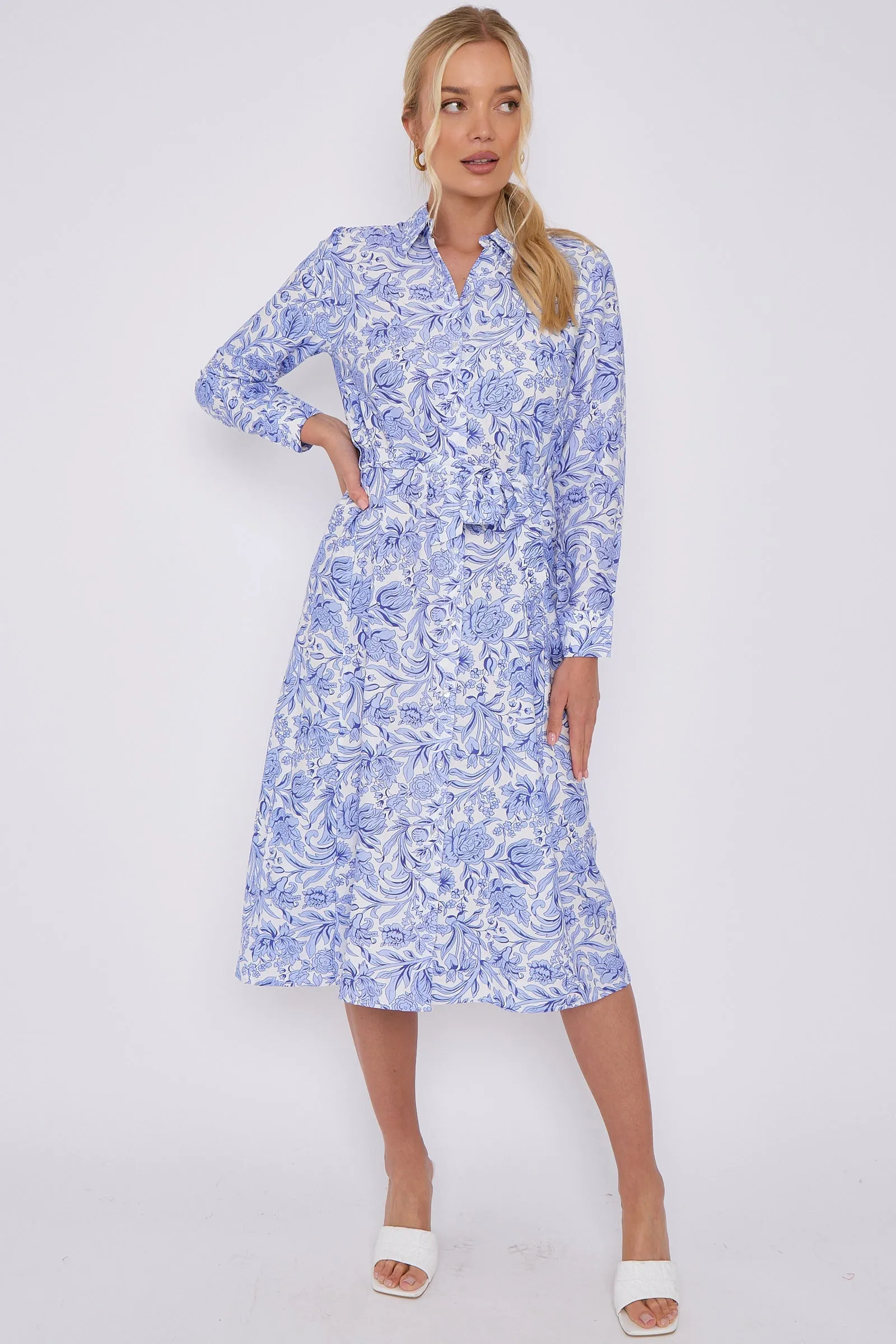 LOVE SUNSHINE Blue Rose Floral Print Long Sleeve Midi Shirt Dress sold by Goddiva product image thumbnail 3