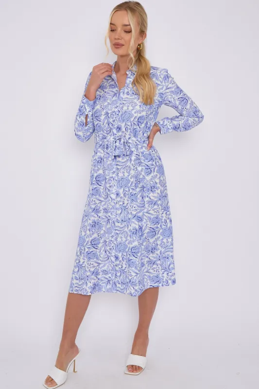 LOVE SUNSHINE Blue Rose Floral Print Long Sleeve Midi Shirt Dress sold by Goddiva