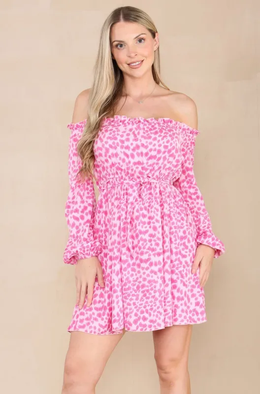 LOVE SUNSHINE Pink Leopard Print Bardot Mini Dress sold by Goddiva