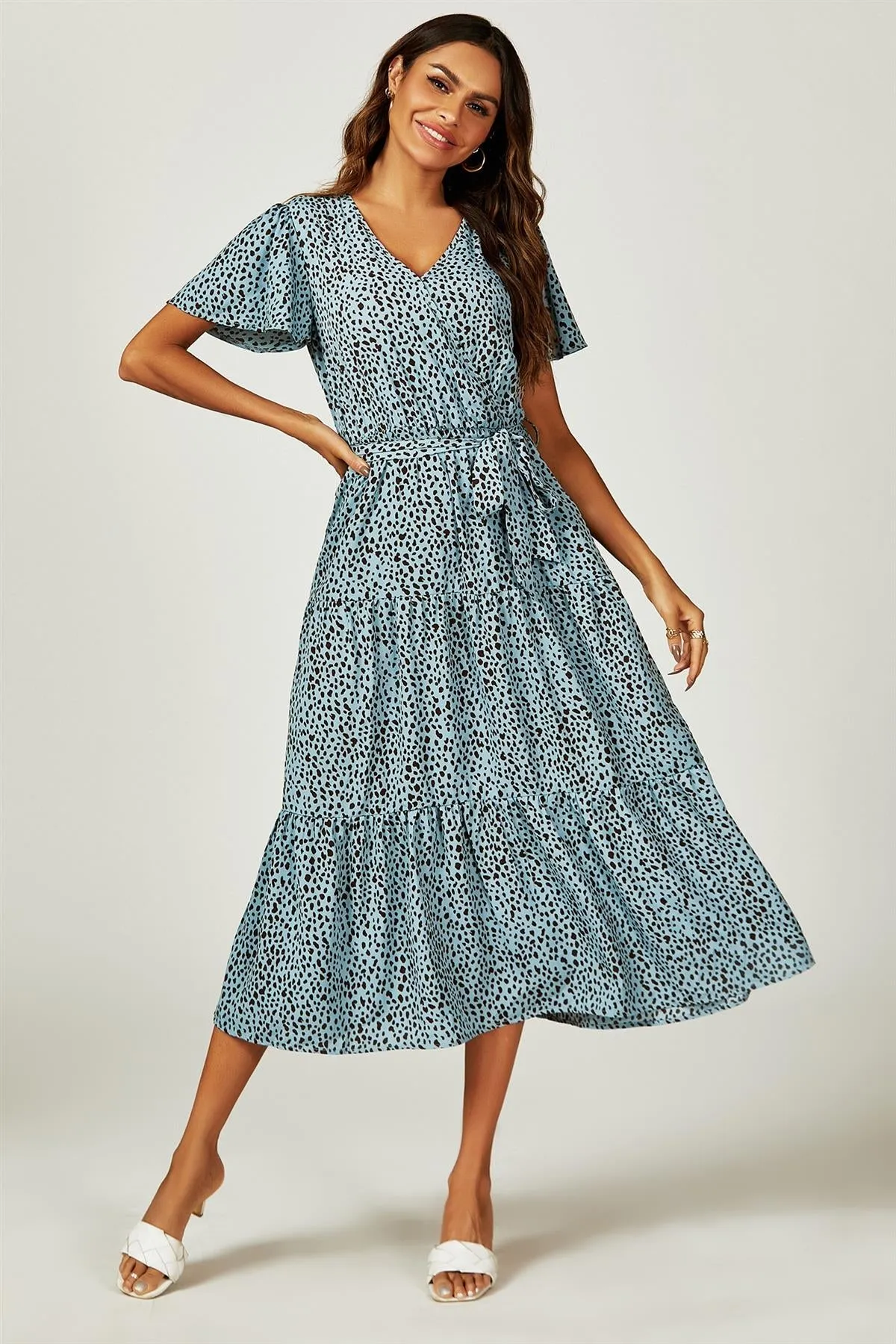 Leopard Print Hem Tiered Wrap Midi Dress In Blue by FS Collection sold by Goddiva product image thumbnail 2