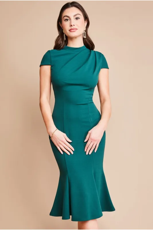 Goddiva Pleated Shoulder High Neck Midi - Emerald Green sold by Goddiva