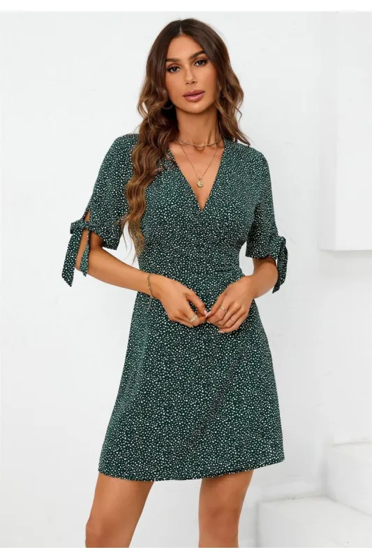 Dot Print Wrap Top Mini Dress In Green by FS Collection sold by Goddiva