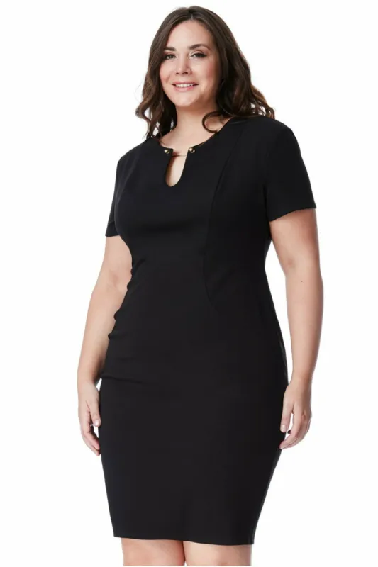 Goddiva Plus Fitted Midi Dress With Metal Bar Detail - Black sold by Goddiva
