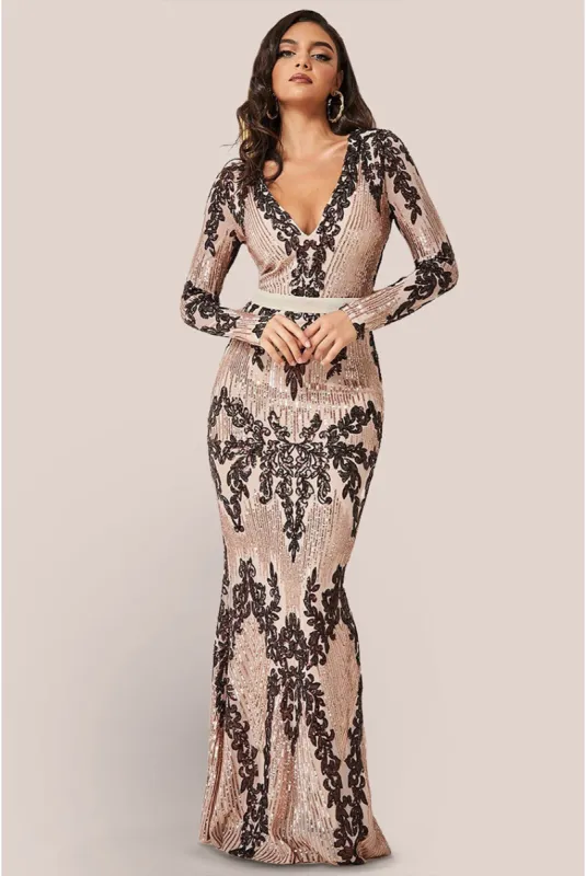 Goddiva Long Sleeve Sequin Evening Maxi Dress - Champagne sold by Goddiva