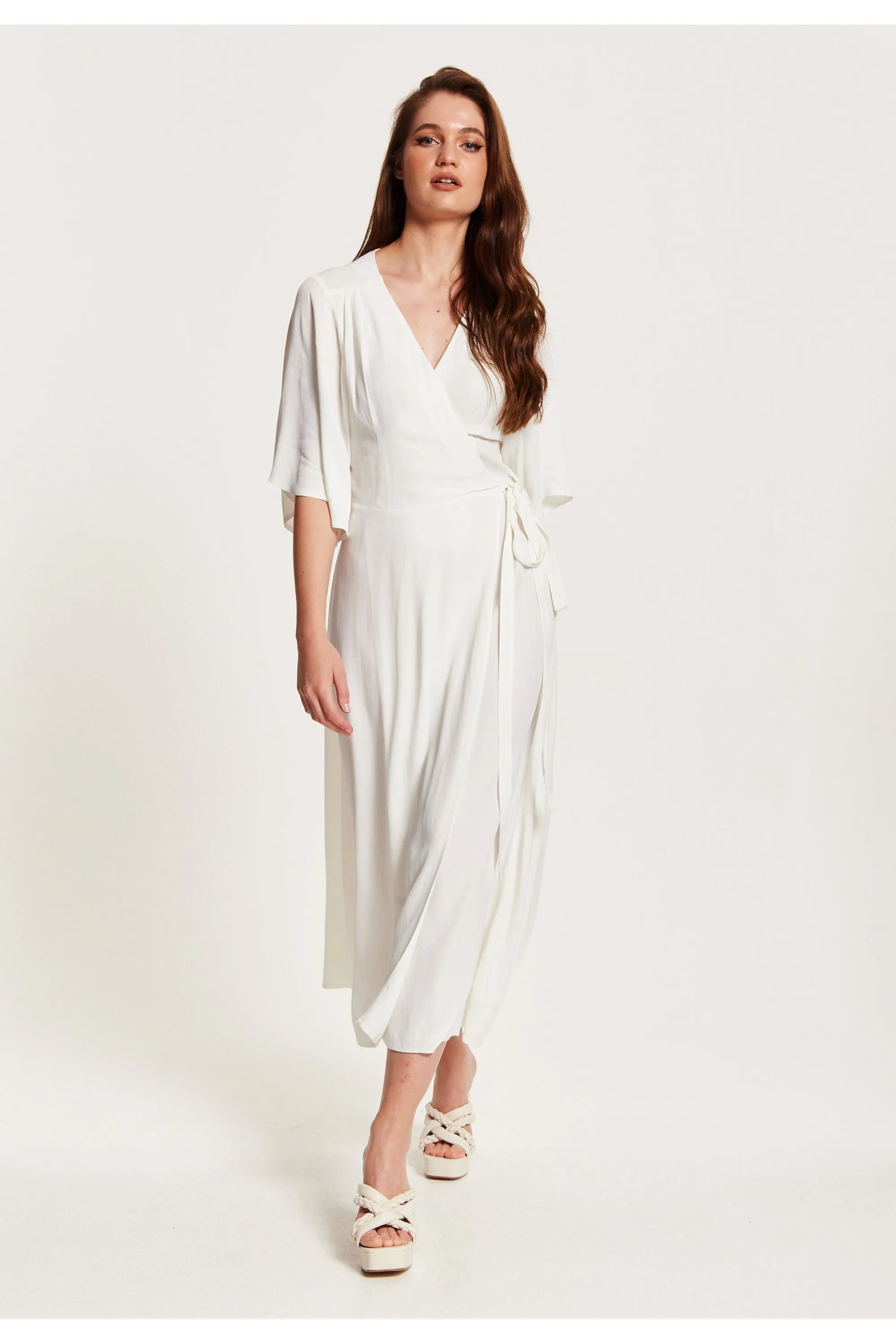 Midi Wrap Dress With Kimono Sleeves In White by Liquorish sold by Goddiva