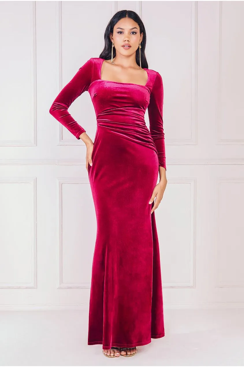 Square Neck Gathered Waist Velvet Maxi - Burgundy by Goddiva sold by Goddiva