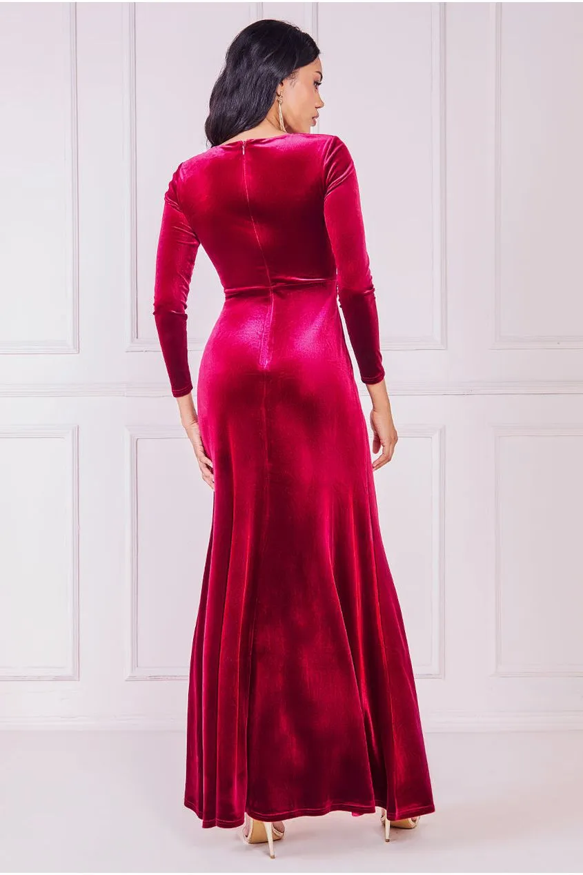 Square Neck Gathered Waist Velvet Maxi - Burgundy by Goddiva sold by Goddiva product image thumbnail 2