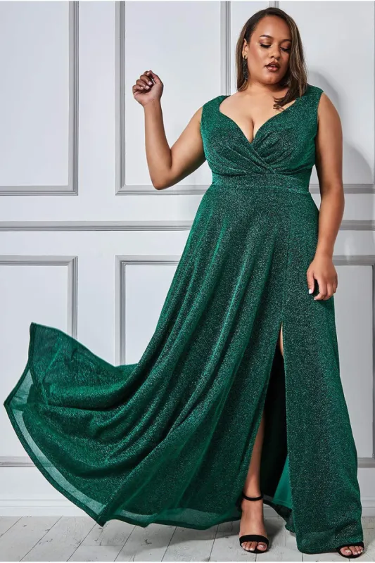 Goddiva Plus Crossover Lurex Glitter Maxi Dress - Emerald sold by Goddiva