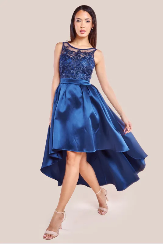 Sequin & Satin Dipped Hem Midi Dress - Navy by Goddiva sold by Goddiva