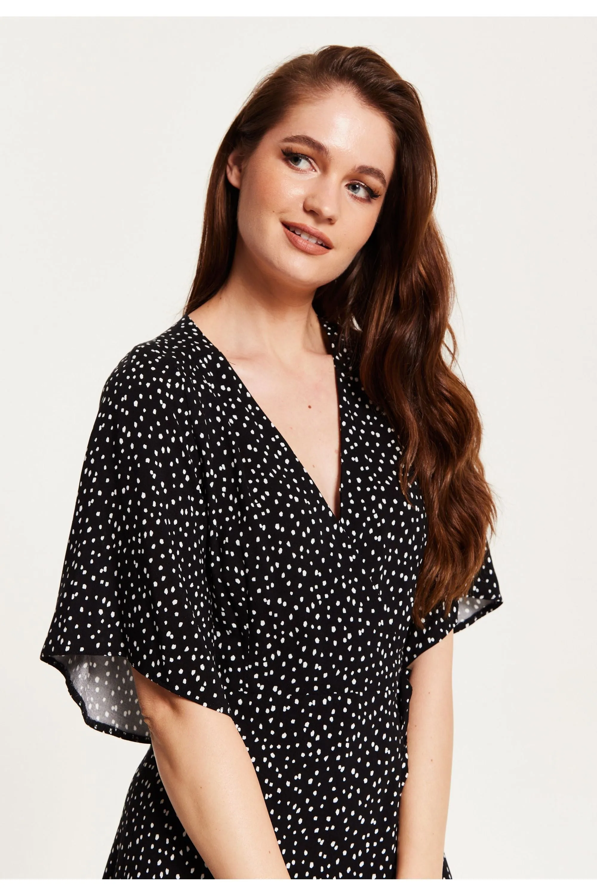 Liquorish Polka Dot Midi Wrap Dress In Black With Kimono Sleeves sold by Goddiva product image thumbnail 5
