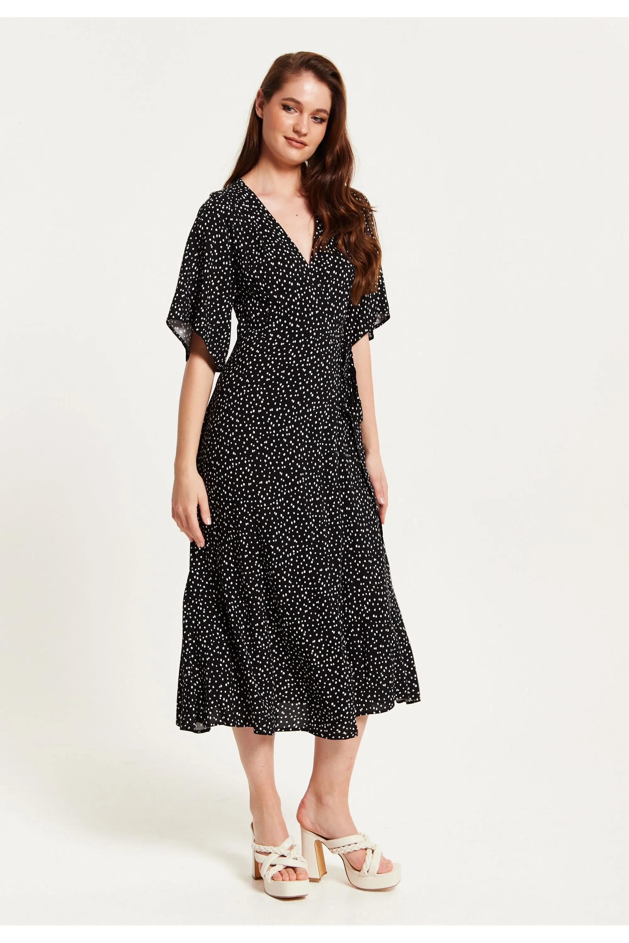 Liquorish Polka Dot Midi Wrap Dress In Black With Kimono Sleeves sold by Goddiva product image thumbnail 2