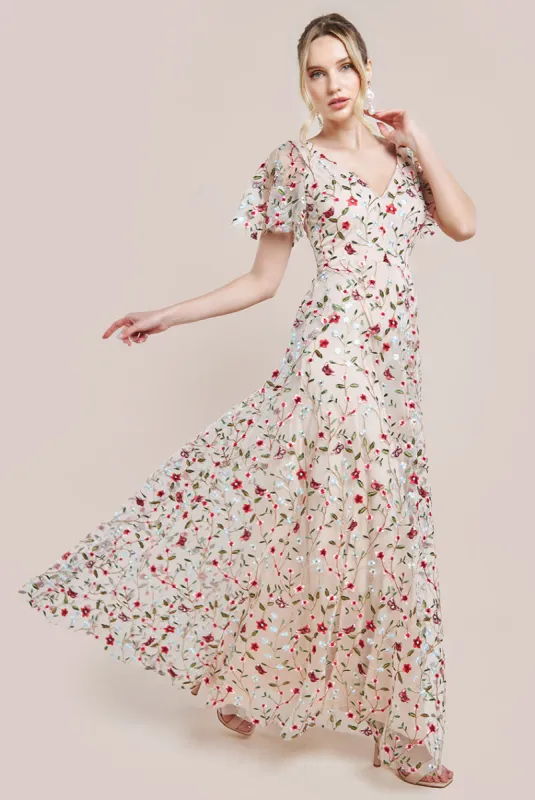 Flutter Sleeve Floral Embroidered Maxi - Nude by Goddiva sold by Goddiva