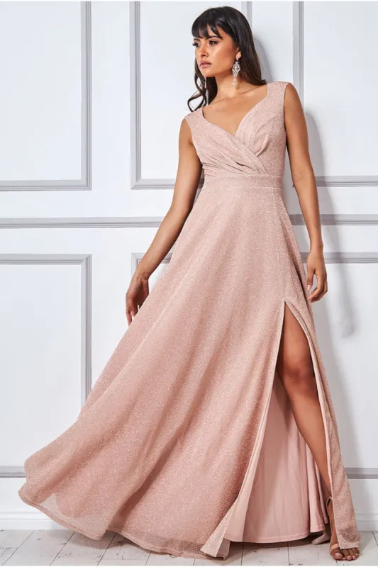 Goddiva Crossover Lurex Glitter Maxi Dress - Nude sold by Goddiva