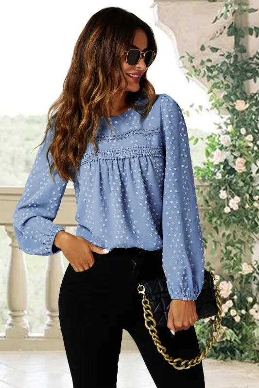 Lace Detail Long Sleeve Blouse Top In Blue by FS Collection sold by Goddiva