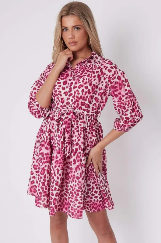 LOVE SUNSHINE Pink Leopard Print Oversized Smock Mini Dress sold by Goddiva