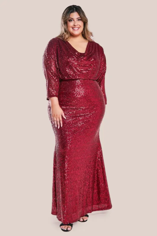 Sequin Cowl Maxi Dress - Wine by Goddiva Plus sold by Goddiva