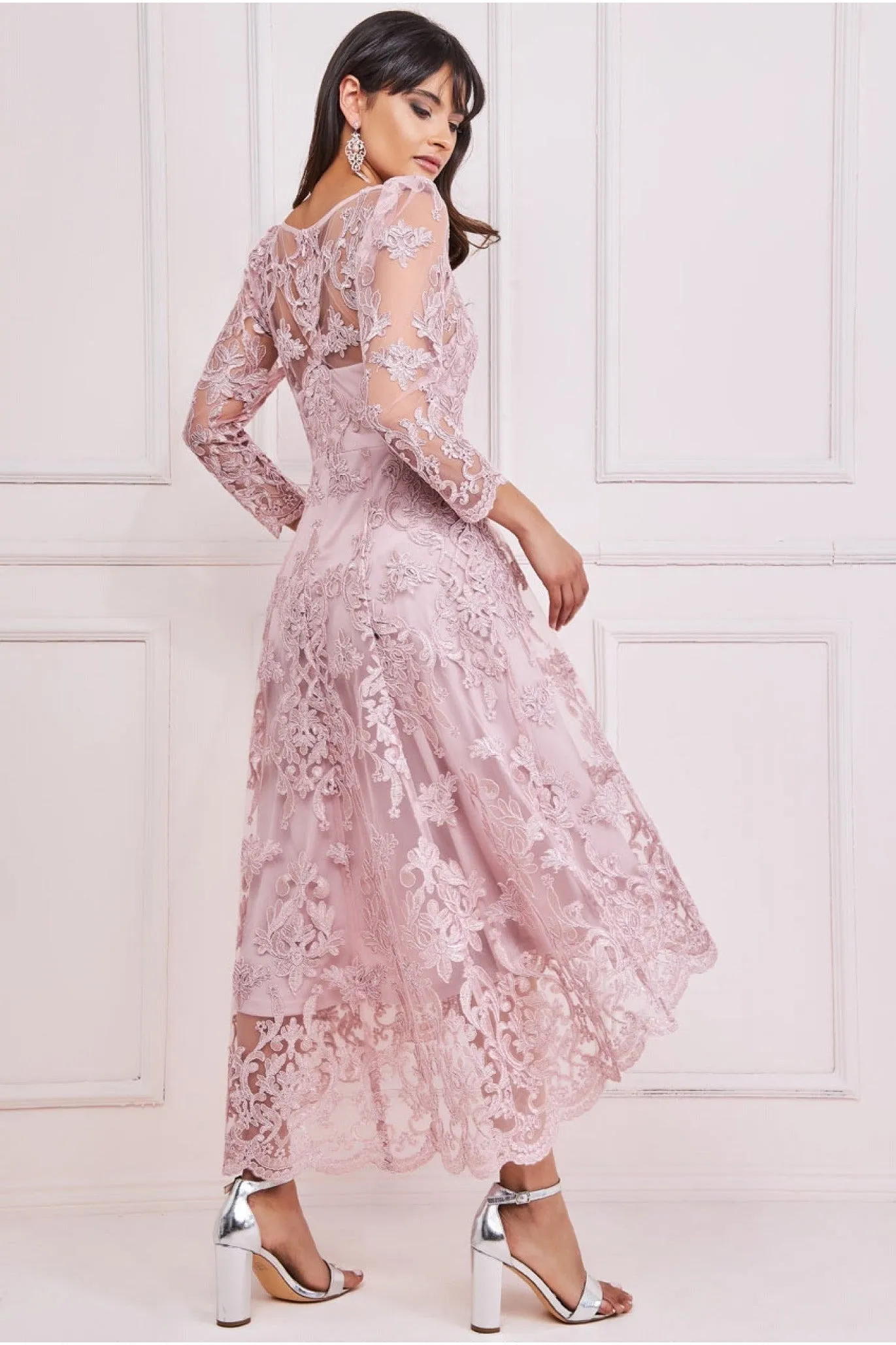 Scalloped Lace Dipped Hem Midi Dress - Blush by Goddiva sold by Goddiva product image thumbnail 2