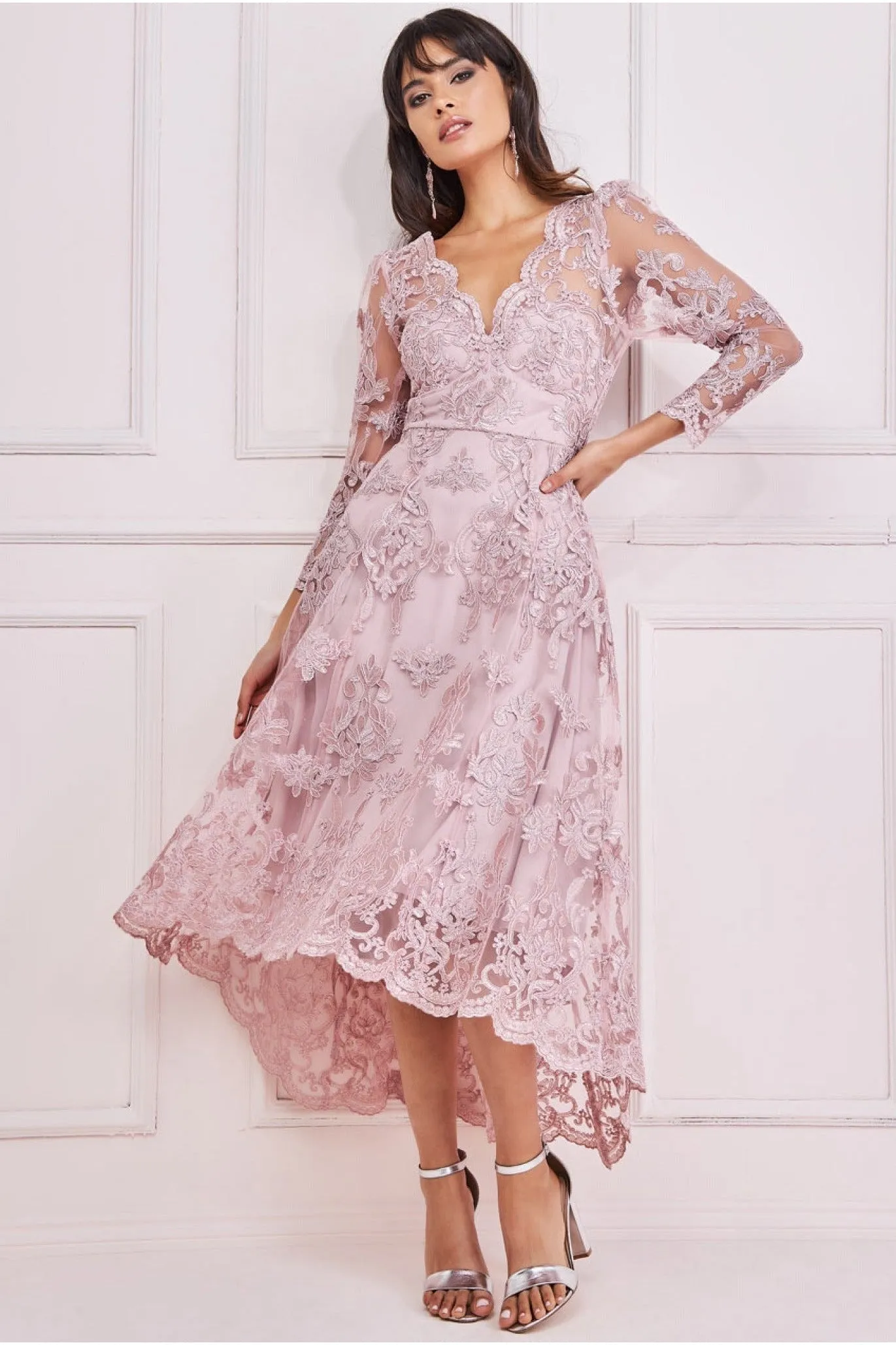 Scalloped Lace Dipped Hem Midi Dress - Blush by Goddiva sold by Goddiva