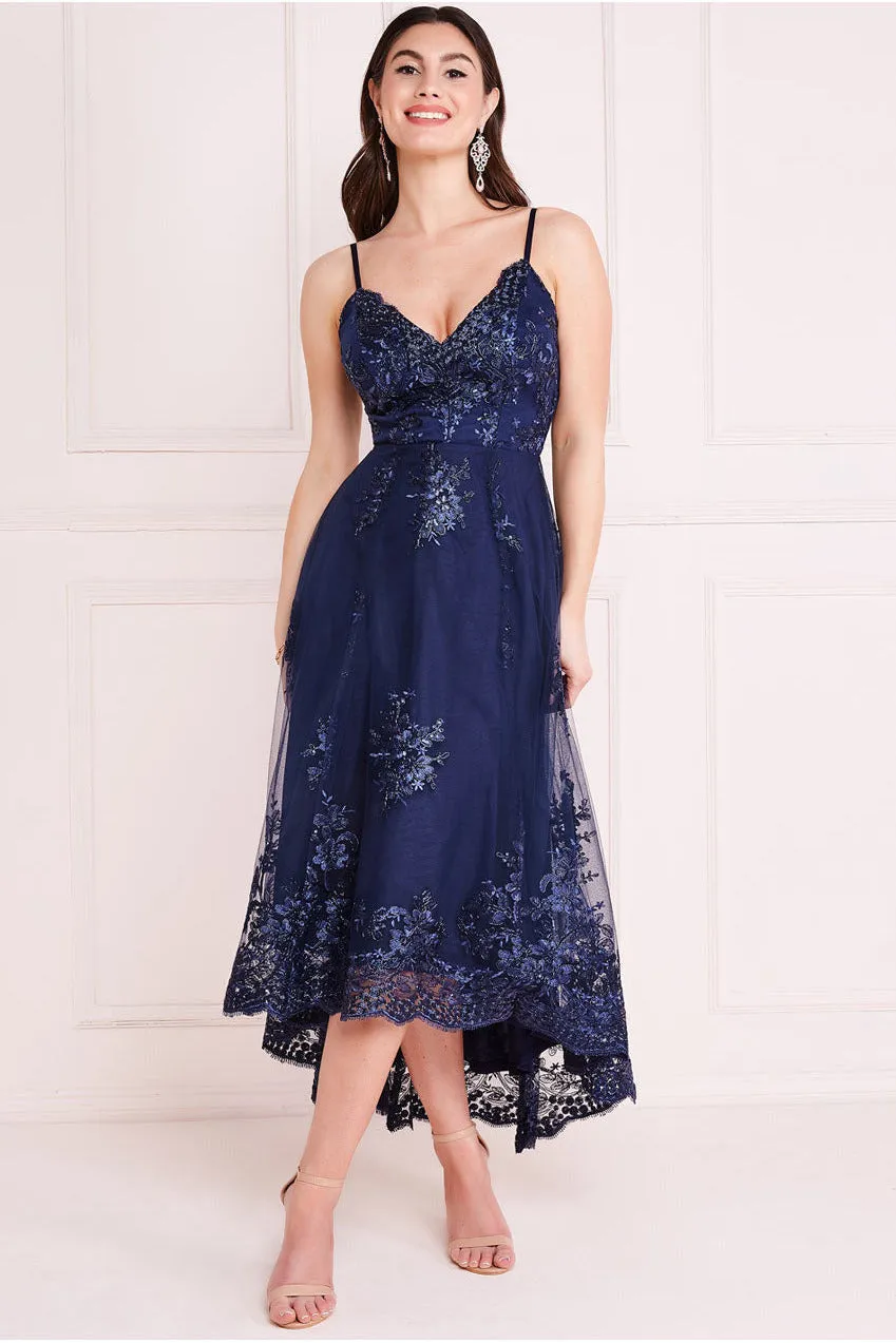 High Low Scalloped Midi Dress - Navy by Goddiva sold by Goddiva