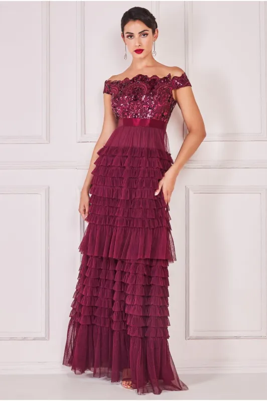 Scallop Bardot Ruffle Mesh Maxi - Burgundy by Goddiva sold by Goddiva