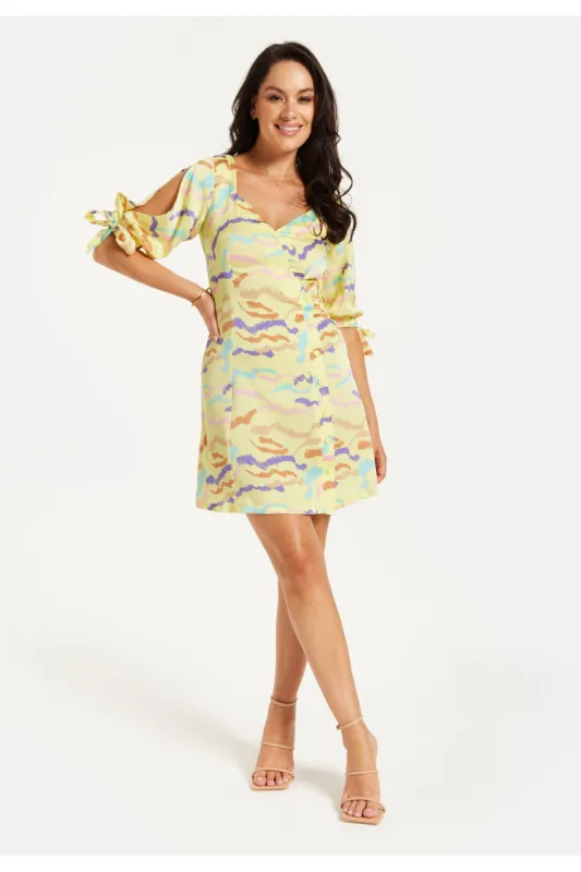 Abstract Zebra Print Mini Dress With Back Tie Up In Yellow by Liquorish sold by Goddiva