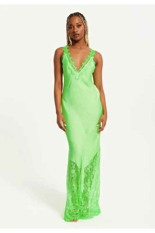 Lace Detailed V Neck Maxi Dress In Green by Liquorish sold by Goddiva