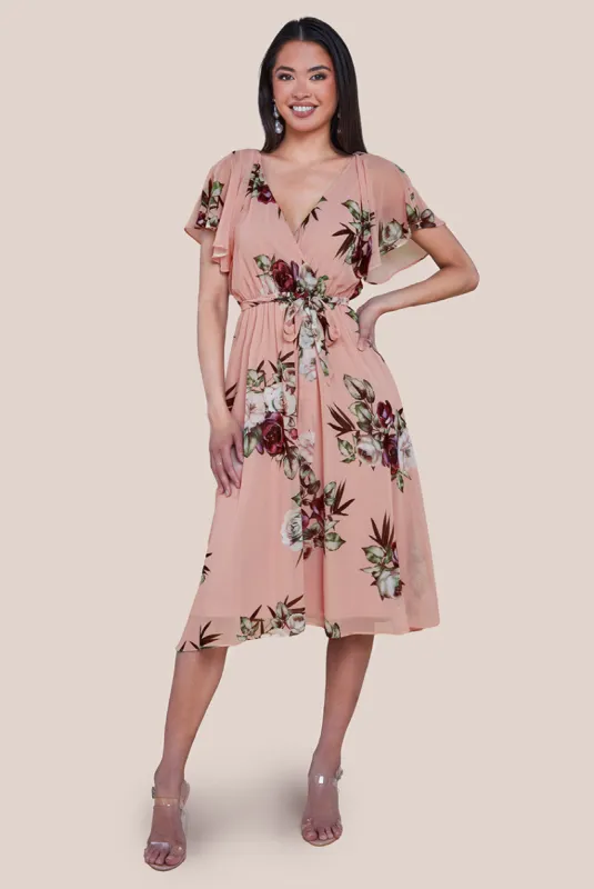 Goddiva Floral Printed Flutter Sleeve Chiffon Midi Dress - Peach sold by Goddiva