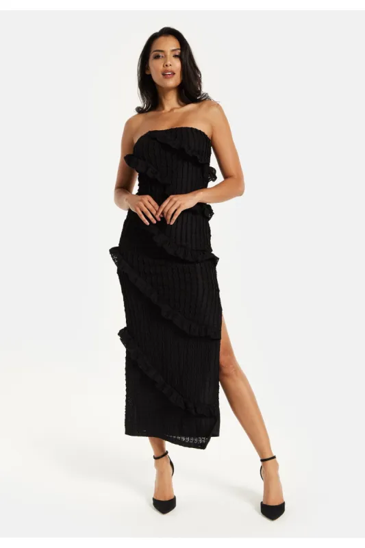 Diagonal Frilled Slit Detail Jersey Dress In Black by Liquorish sold by Goddiva