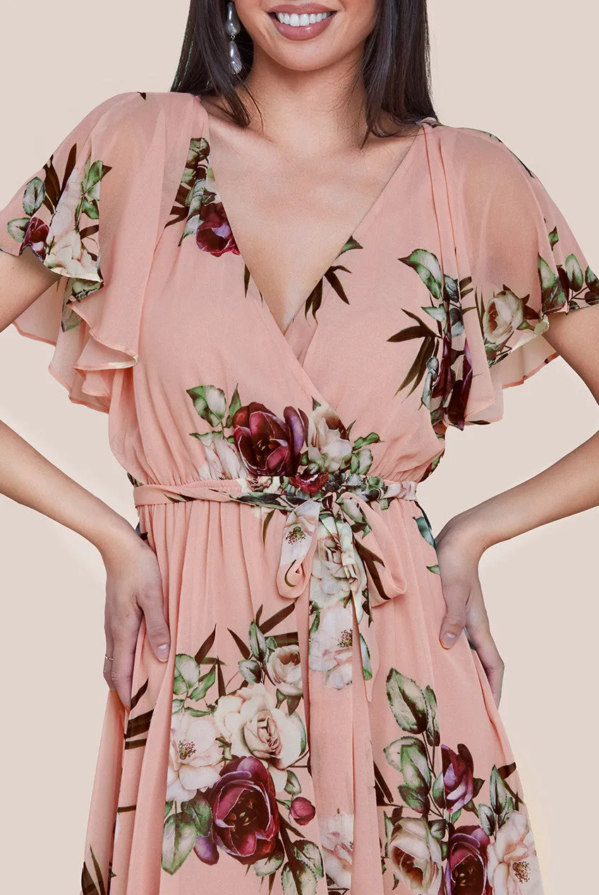 Goddiva Floral Printed Flutter Sleeve Chiffon Midi Dress - Peach sold by Goddiva product image thumbnail 3