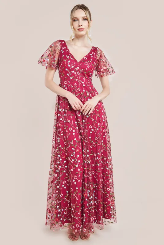 Flutter Sleeve Floral Embroidered Maxi - Burgundy by Goddiva sold by Goddiva